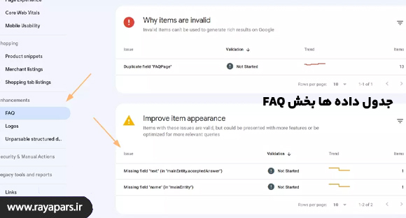 جدول داده ها گزارش FAQ در سرچ کنسول